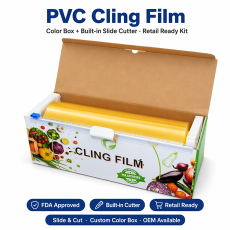 Film alimentaire en PVC de qualité alimentaire avec boîte de découpe | Film plastique de cuisine 100 % sans BPA pour la conservation des aliments frais.